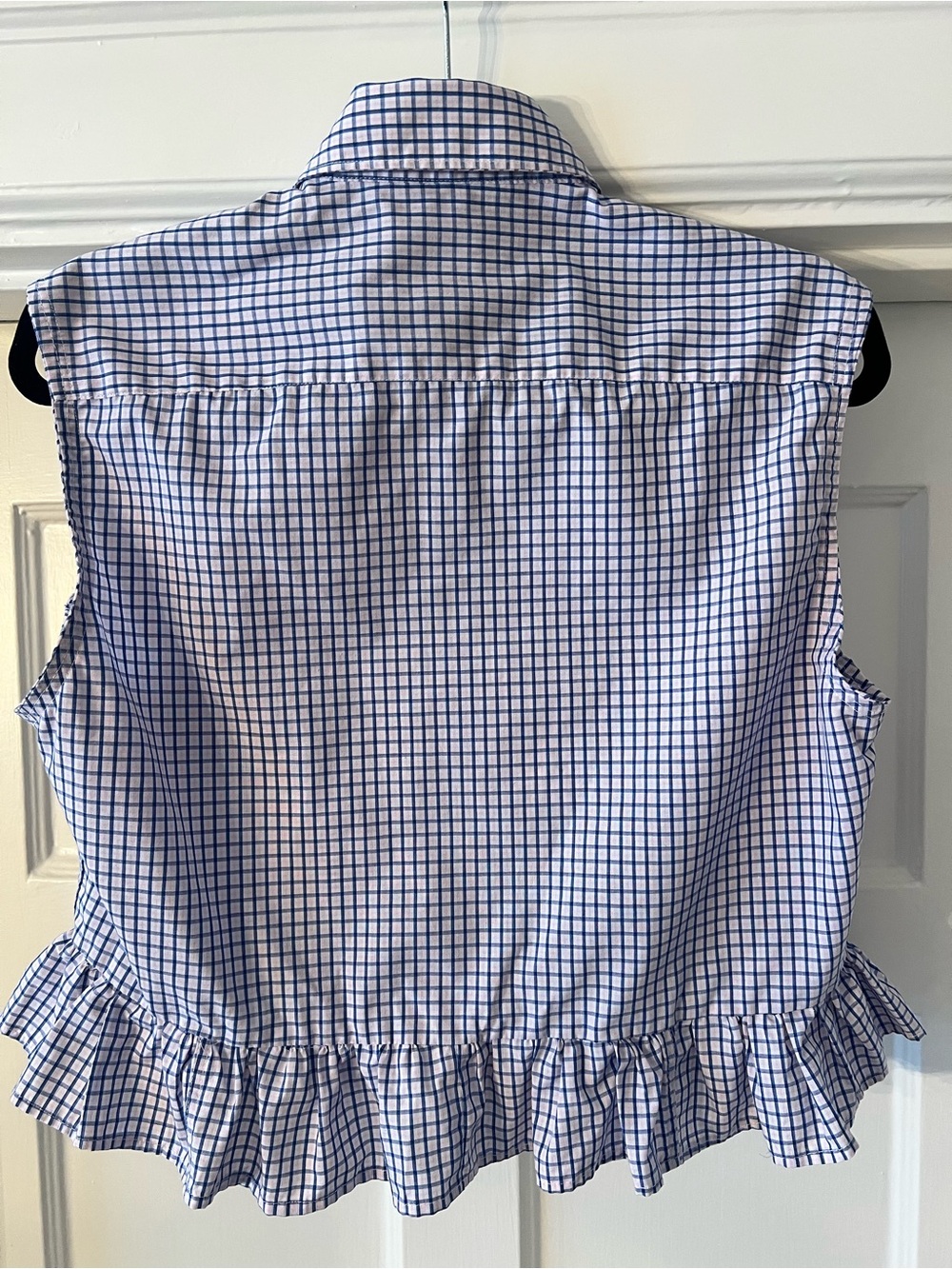 Upcycled Sleeveless Ruffled Hem Button-Down Top in Blue, Pink & White Check - Picture 2 of 3